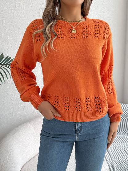 Women Casual Solid Color Hollow Out Lantern Sleeve Pullover Sweater