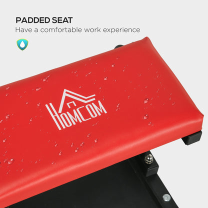 HOMCOM Workshop Stool, Rolling Mechanic Stool with 360 Degree Swivel, Padded Seat, Tool Tray, for Garage, Workshop, Auto Repair, Red
