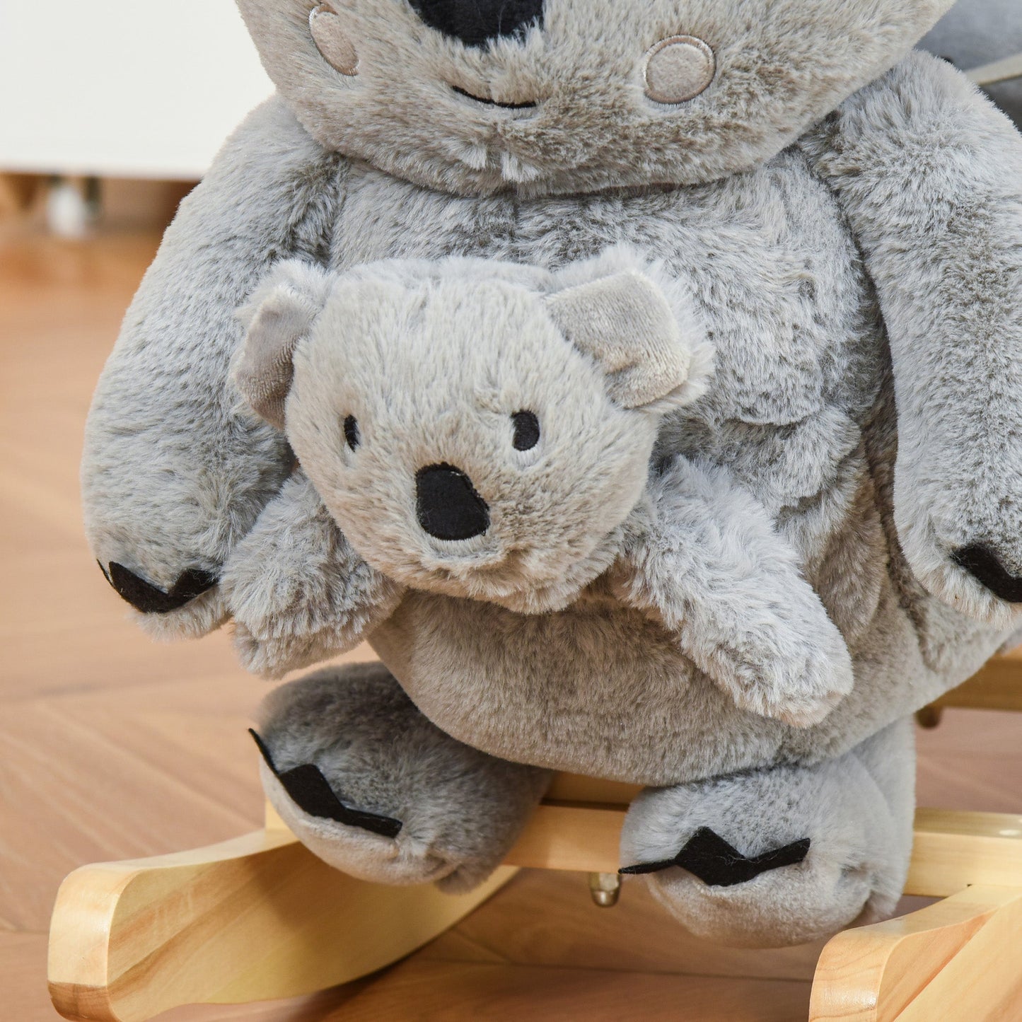 HOMCOM Kids Toddler Rocking Horse Plush Ride On Koala Rocker Wooden Base Seat Safety Belt w/ Gloved Doll Toy for 18-36 Months Grey