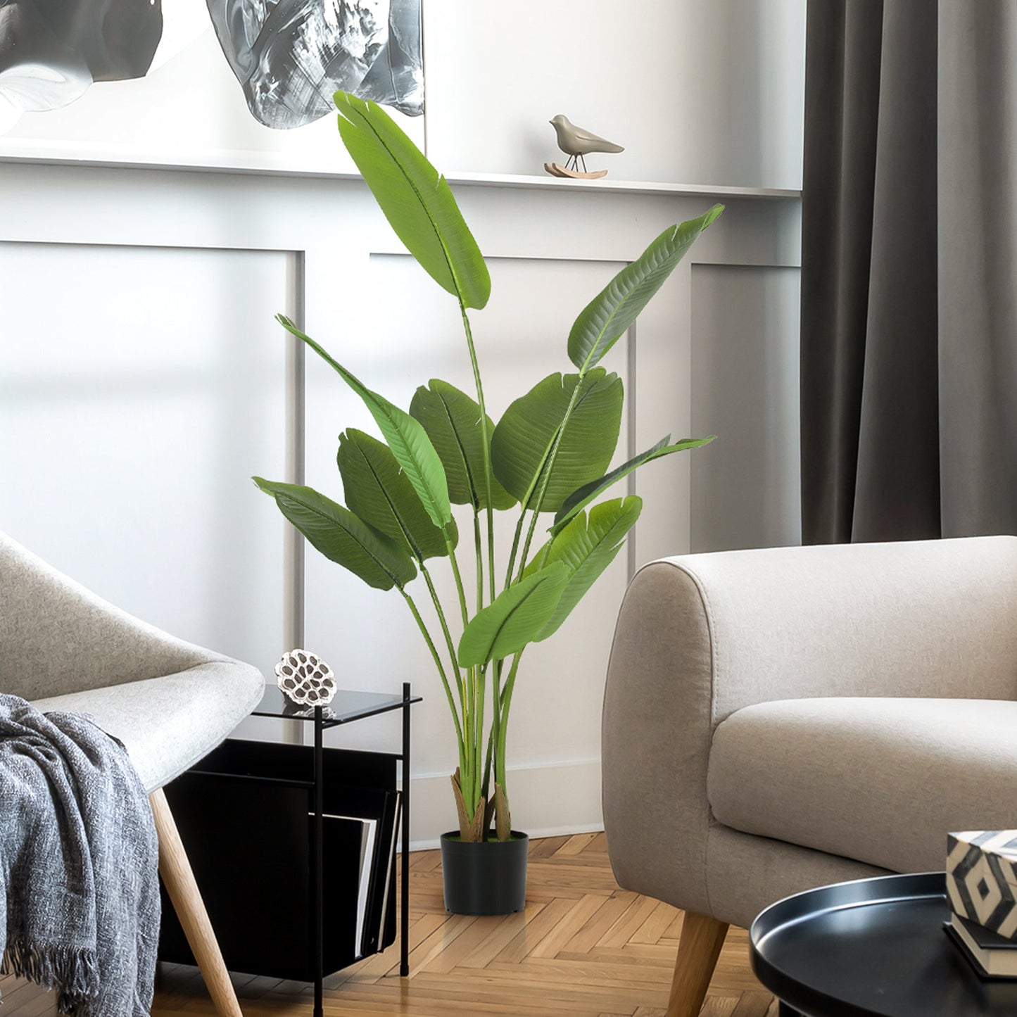 HOMCOM 160cm Tall Artificial Bird of Paradise Plant, Faux Banana Leaf Tree with PEVA Leaves and Flocking, Decorative Palm Tree in Pot for Home Office Decor, Green