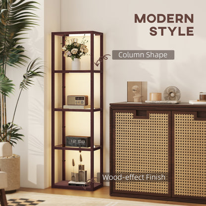 HOMCOM LED Floor Lamp with Glass Shelves, 4 Layers Dimmable Tall Standing Lamp, Modern Column Shelf Floor Light for Living Room, Bedroom, Office, Dark Brown