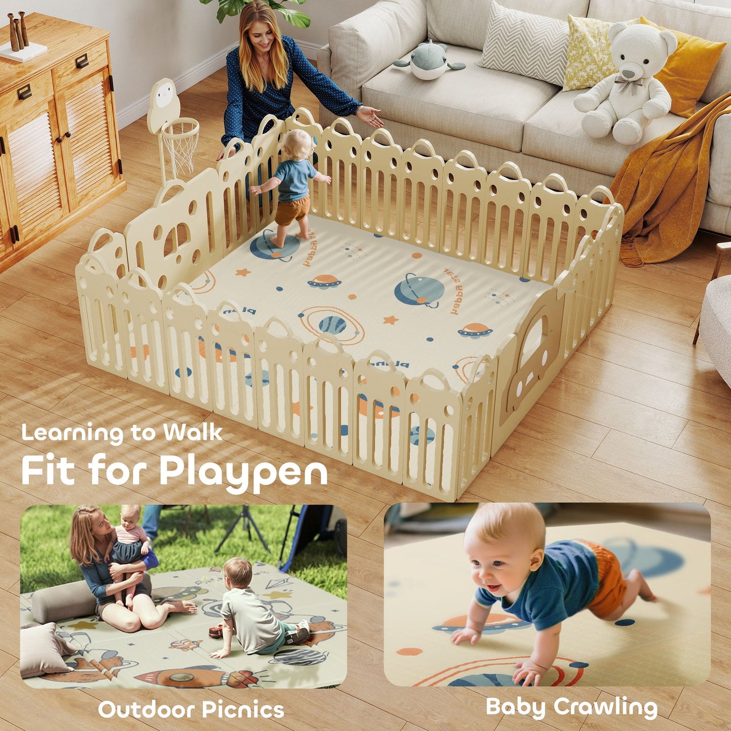 AIYAPLAY Baby Play Mat, Double Sideded Foldable Kids Crawling Mat, Reversible & Waterproof, Astronaut and Planet