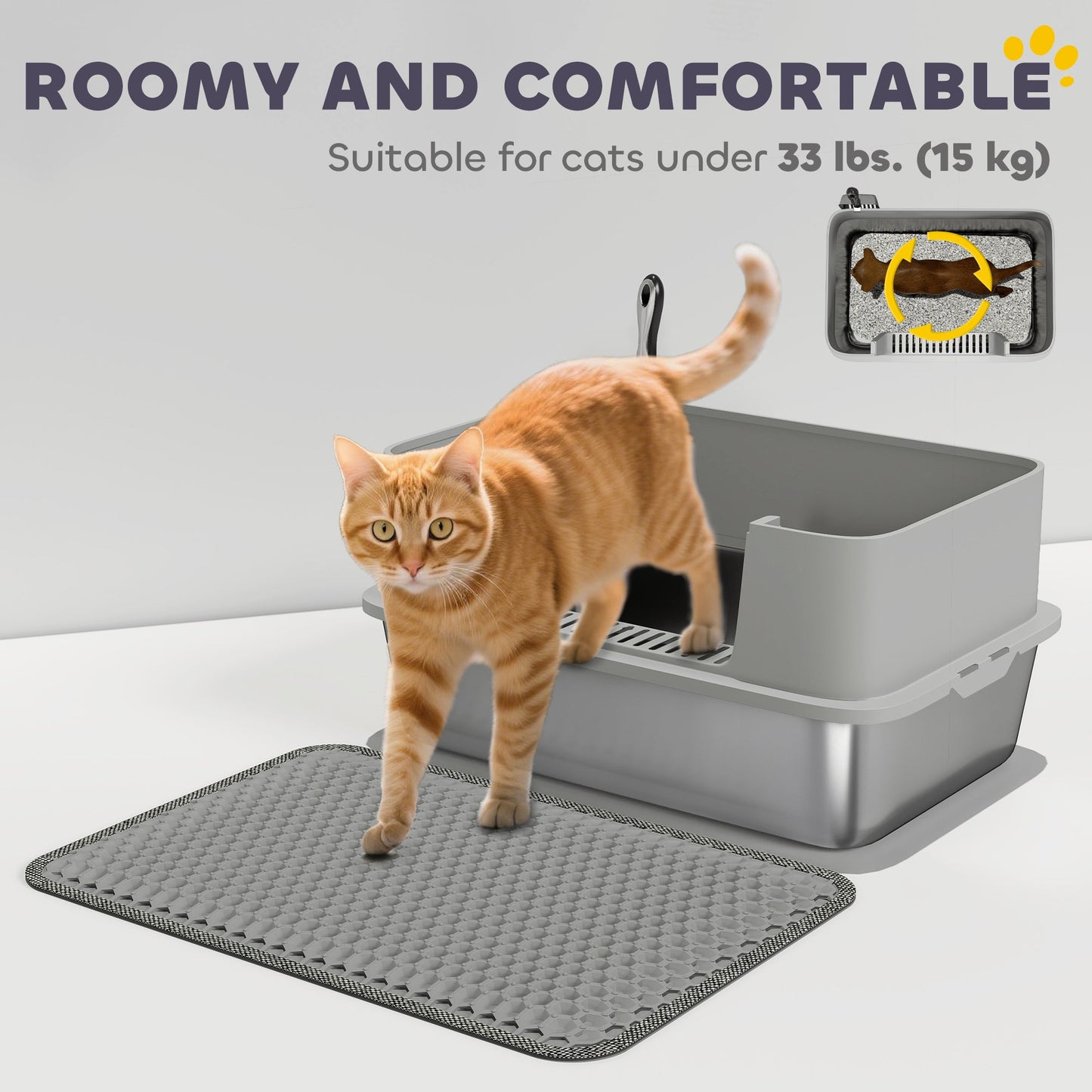 PawHut High Sided Stainless Steel Litter Box, Metal Cat Litter Tray with Metal Scoop, Litter Mat, Never Absorbs Odors, Grey