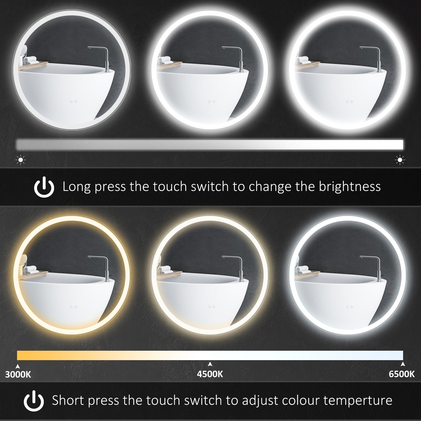 kleankin Round Bathroom Mirror with LED Lights, Wall Mount Dimmable Makeup Mirror with 3 Temperature Colours, Defogging Film and Memory Function, Frameless, Hardwired, 60 x 60\'c2\'a0cm