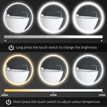 kleankin Round Bathroom Mirror with LED Lights, Wall Mount Dimmable Makeup Mirror with 3 Temperature Colours, Defogging Film and Memory Function, Frameless, Hardwired, 60 x 60\'c2\'a0cm