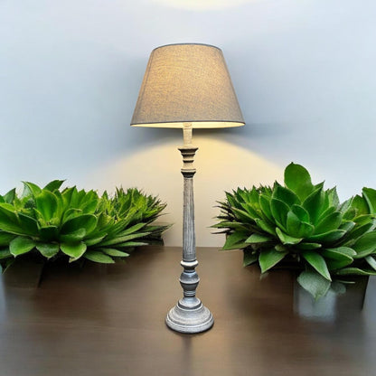 AcaciaHome Stylish & Elegant Tall Wooden Grey Washed 60 cm Table Lamp with Taupe Linen Shade – Energy-Efficient E27 Bulb with Shabby Chic Lighting for Bedroom, Living Room & Office