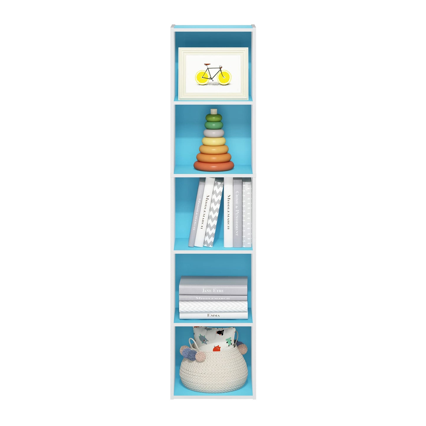 Furinno PASIR Book Shelf, 5-Tier Modern Bookshelf, Open Shelves Bookcase 9 x 12 x 52, for Living Room, Bedroom, Home Office, Light Blue/White