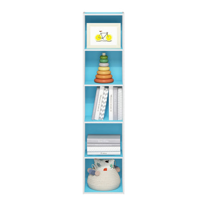 Furinno PASIR Book Shelf, 5-Tier Modern Bookshelf, Open Shelves Bookcase 9 x 12 x 52, for Living Room, Bedroom, Home Office, Light Blue/White