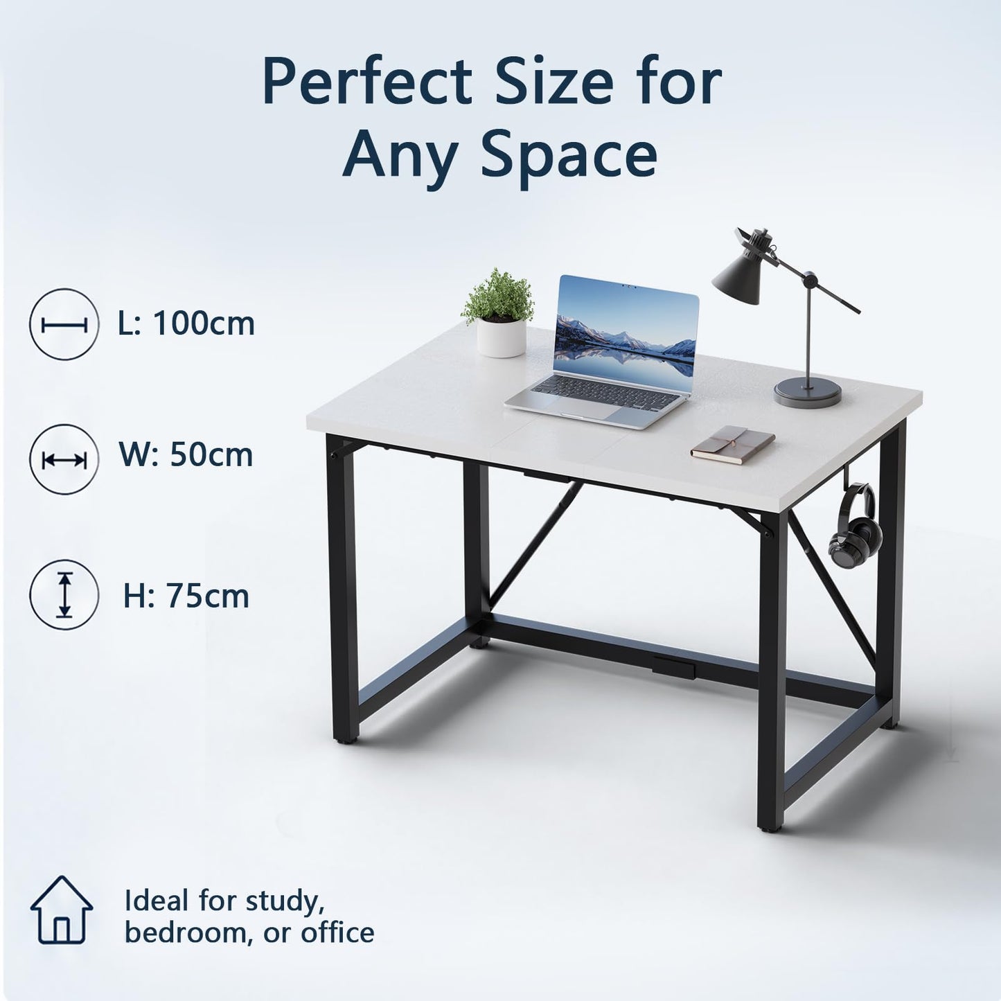 JUMMICO 100×50cm Computer Desk, Compact Home Office Writing Desk, Small Study Laptop Workstation for Limited Space, Quick Assembly, Metal Frame, White