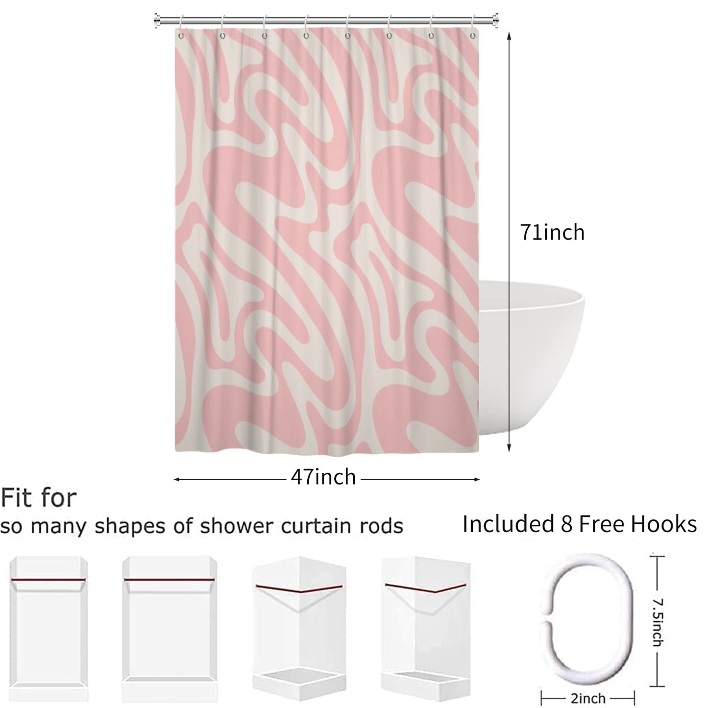 Hnmdmyi Pink Shower Curtain 120x180, Abstract Retro 70s Shower Curtains Modern Aesthetic Wavy Swirl Minimalist Girls Bathroom Curtains Waterproof