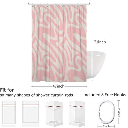 Hnmdmyi Pink Shower Curtain 120x180, Abstract Retro 70s Shower Curtains Modern Aesthetic Wavy Swirl Minimalist Girls Bathroom Curtains Waterproof