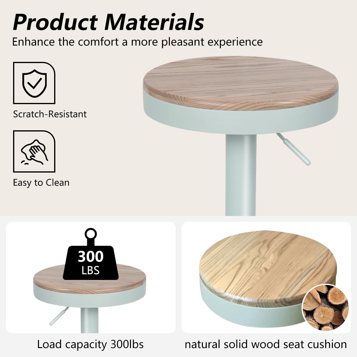 YOUNIKE Bar Stools, Solid Wood Counter Height Barstools Set of 2, Vintage High Adjustable 360° Swivel Metal Bar Chairs, Breakfast Kitchen Stools