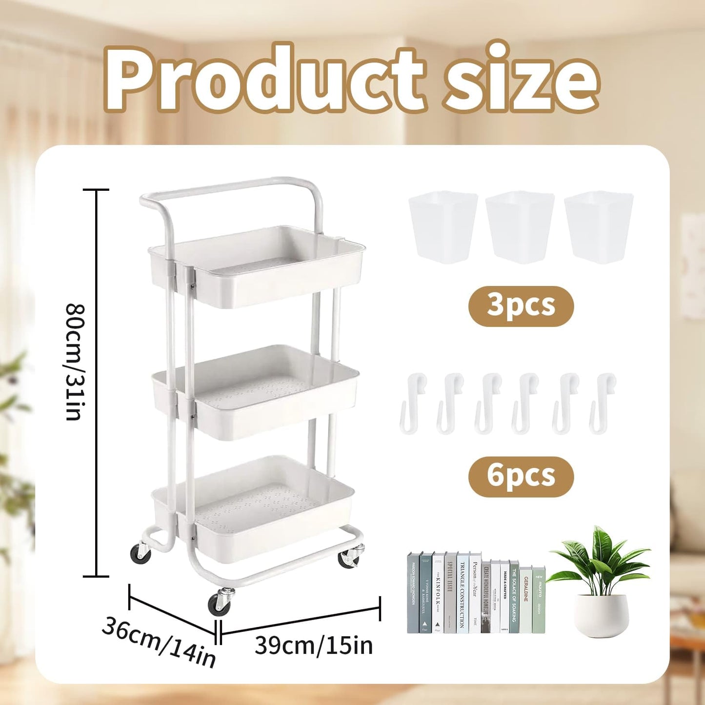 3 Tier Trolley Rolling Utility Storage Car with Wheels&Hanging Cups&Hooks