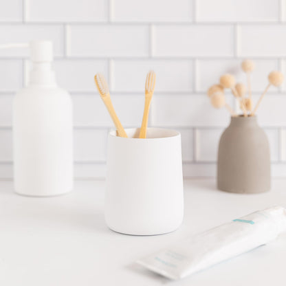 Yew Design Matte White Toothbrush and Toothpaste Holder and Cup for Bathroom Vanity and Countertop, Round Organizer for Electric Toothbrushes, Floss