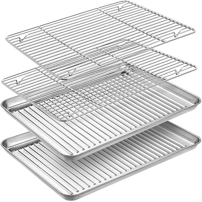 Baking Tray & Rack Set [2 Sheets + 2 Racks], Stainless Steel Non Stick Oven Tray with Rack, Large Cookie Sheet Pan for Baking Cooking, Heavy Duty, Easy Clean, Dishwasher Safe (16 x 12 x 1 inch)