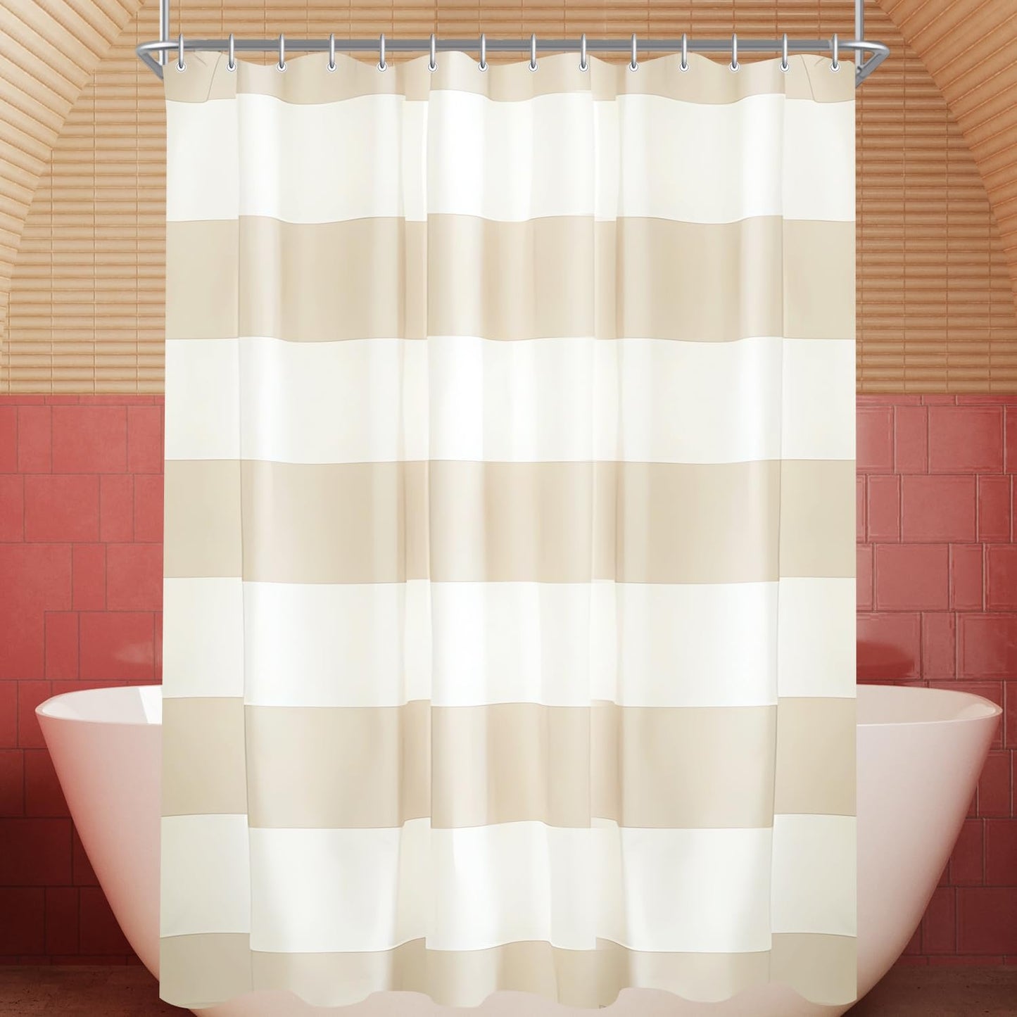 Lerores Shower Curtain, 180 x 180 cm, Beige Stripes, Weighted Hem, Anti-Mould Textile, Water-Repellent, Washable Polyester Bath Curtains with Eyelets