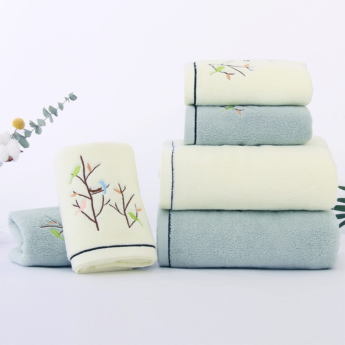 Pidada Hand Towels Set of 4 Embroidered Bird Tree Pattern 100% Cotton Absorbent Soft Decorative Towel for Bathroom 35 x 75 cm (Light Yellow)