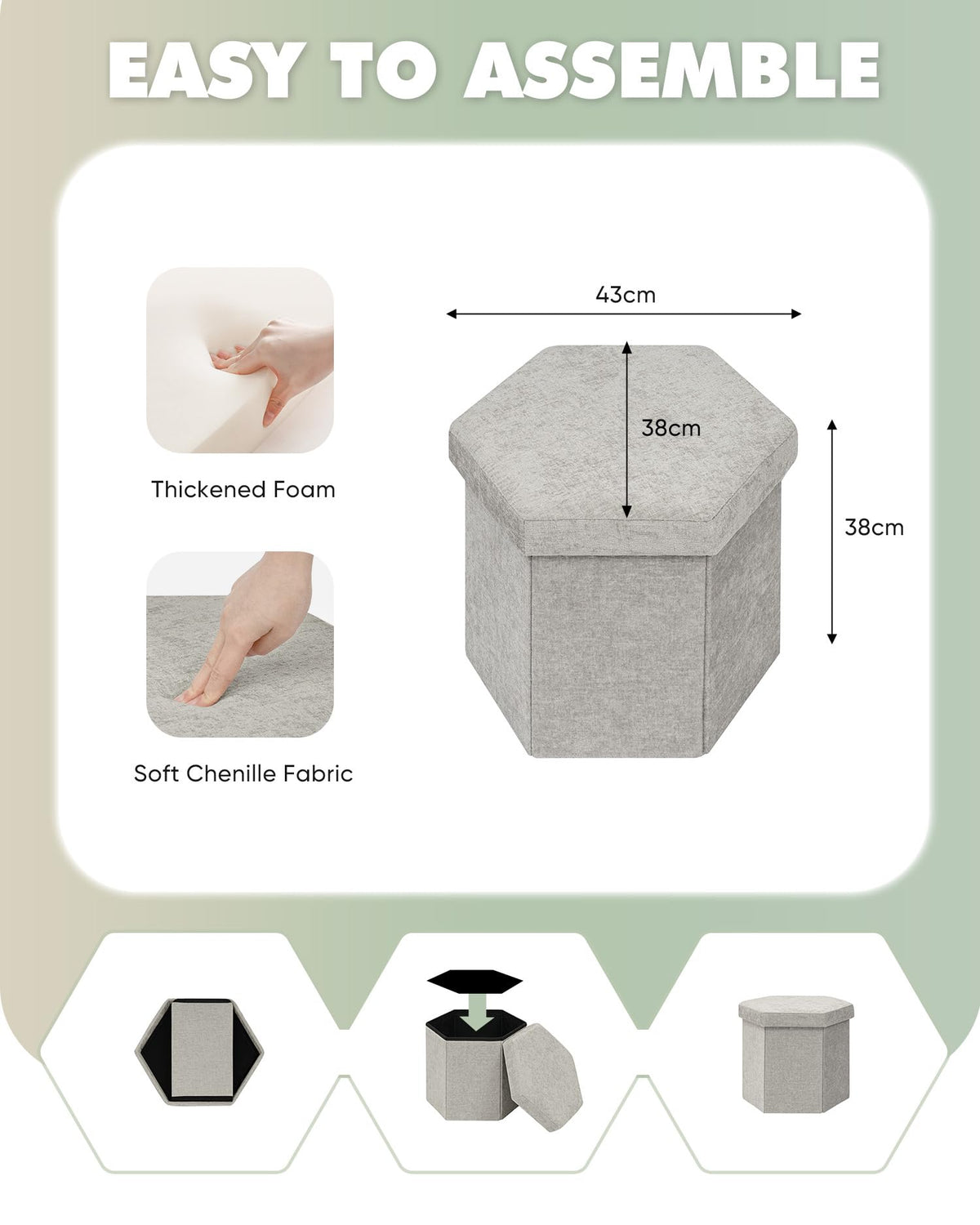 Bonlife Folding Storage Ottoman Hexagonal, Footrest with Toy Ches Box, 43cm