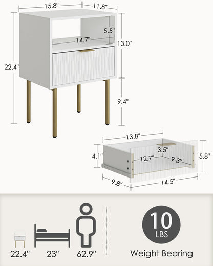 Apetaccat Bedside Table, Fluted Nightstand with Drawer and Open Shelf, Modern Bedside Cabniet Wooden, Side Table for Bedroom, Living Room, White