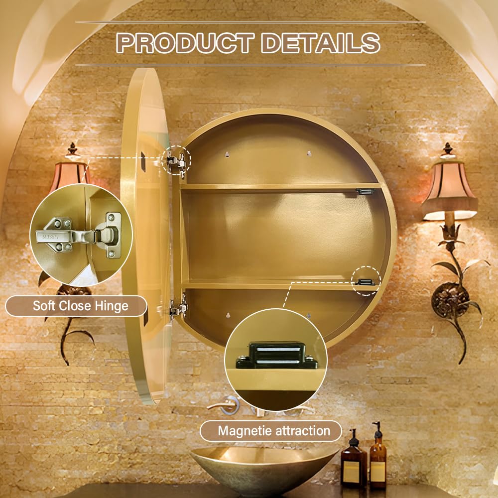 Janboe Round Mirror Cabinet,Aluminum Framed,Soft Close Hinge,51cm,Gold