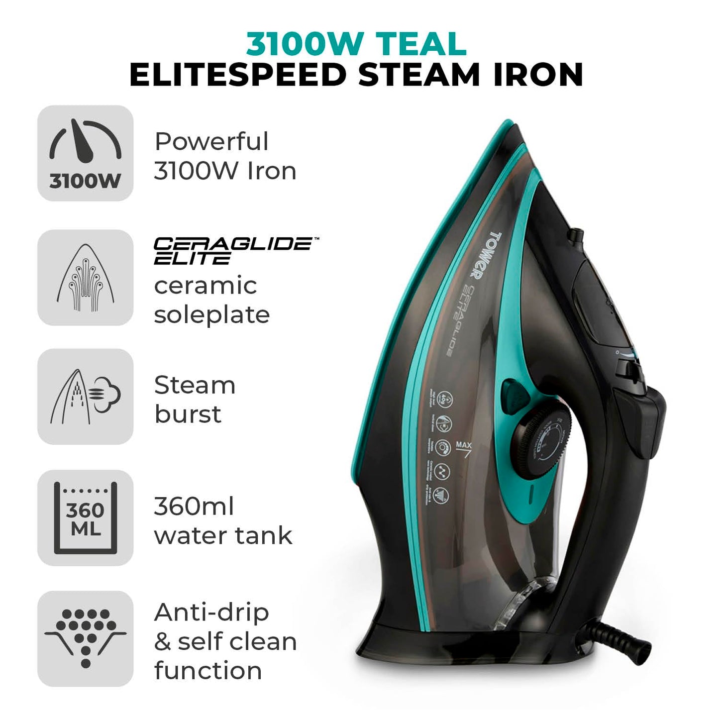 Tower CeraGlide T22013TL Ultra Speed Iron with Ceramic Soleplate Variable Steam Function, 3100W, Black & Teal
