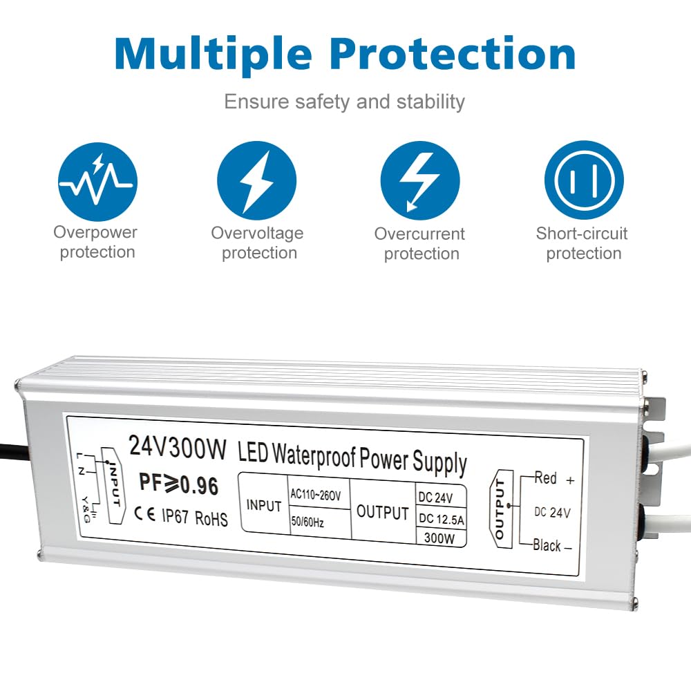 inShareplus LED Power Supply, 24V 300W IP67 Waterproof Outdoor Driver, AC 90-265V to DC 24V 12.5A Low Voltage Transformer, Adapter with 3-Prong Plug