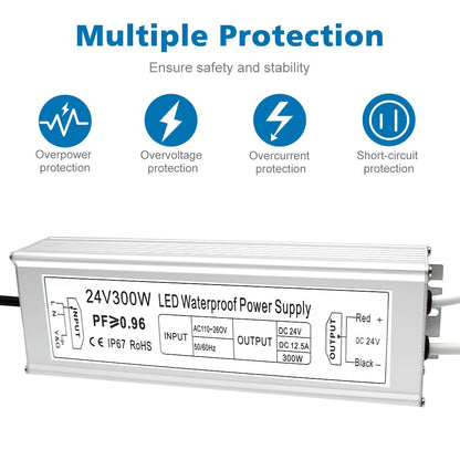 inShareplus LED Power Supply, 24V 300W IP67 Waterproof Outdoor Driver, AC 90-265V to DC 24V 12.5A Low Voltage Transformer, Adapter with 3-Prong Plug