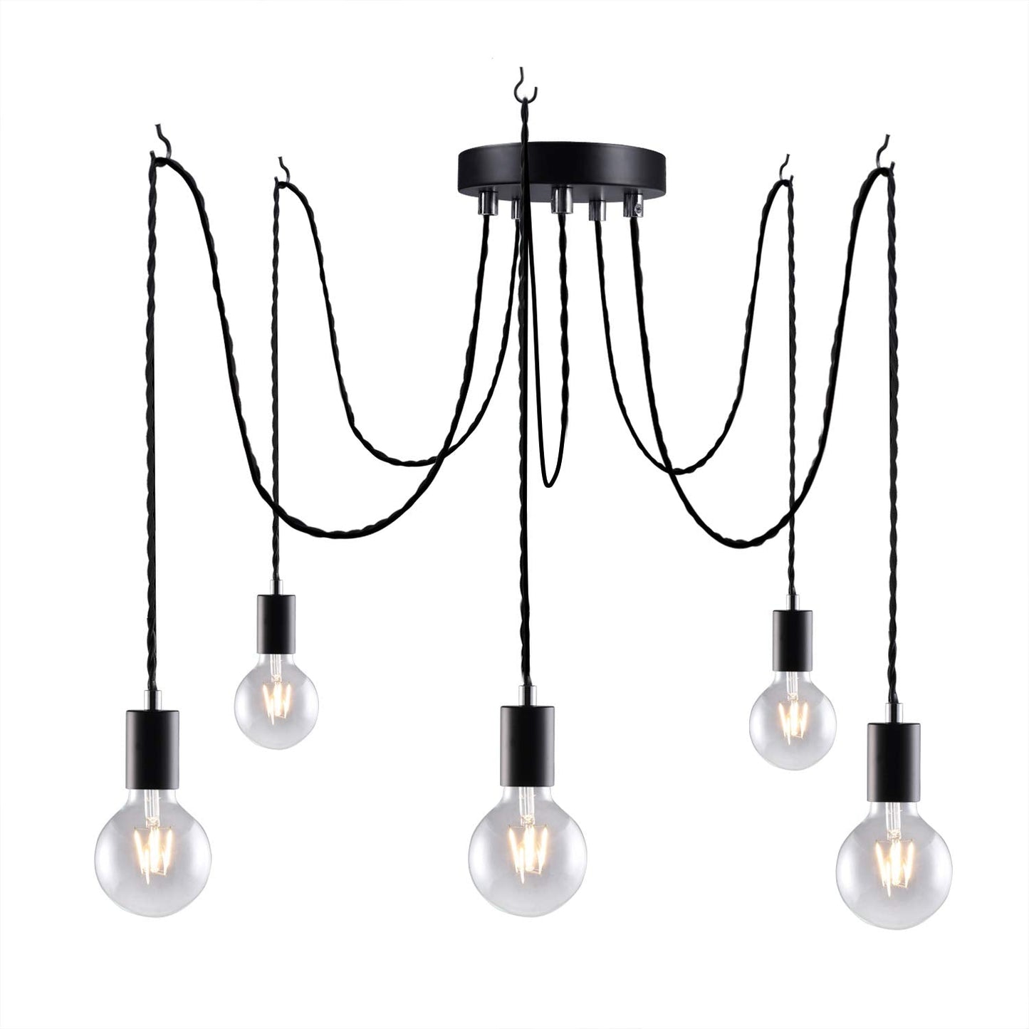 Black Industrial pendant light fitting, 5lights Spider Hanging light fitting with adjustable 3M twisted braided cable, Retro industrial Cluster