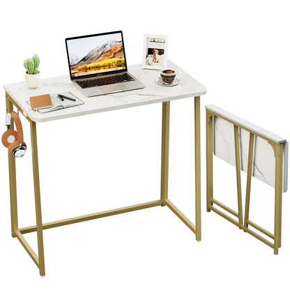 WOHOMO White Faux Marble Folding Desk, 80cm Office Table with Gold Legs