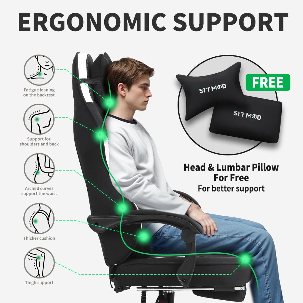 SITMOD Fabric Gaming Chair with Footrest, High Back PC Video Game Chair with Pocket Spring, Ergonomic Computer Desk Chair with Linkage Armrests