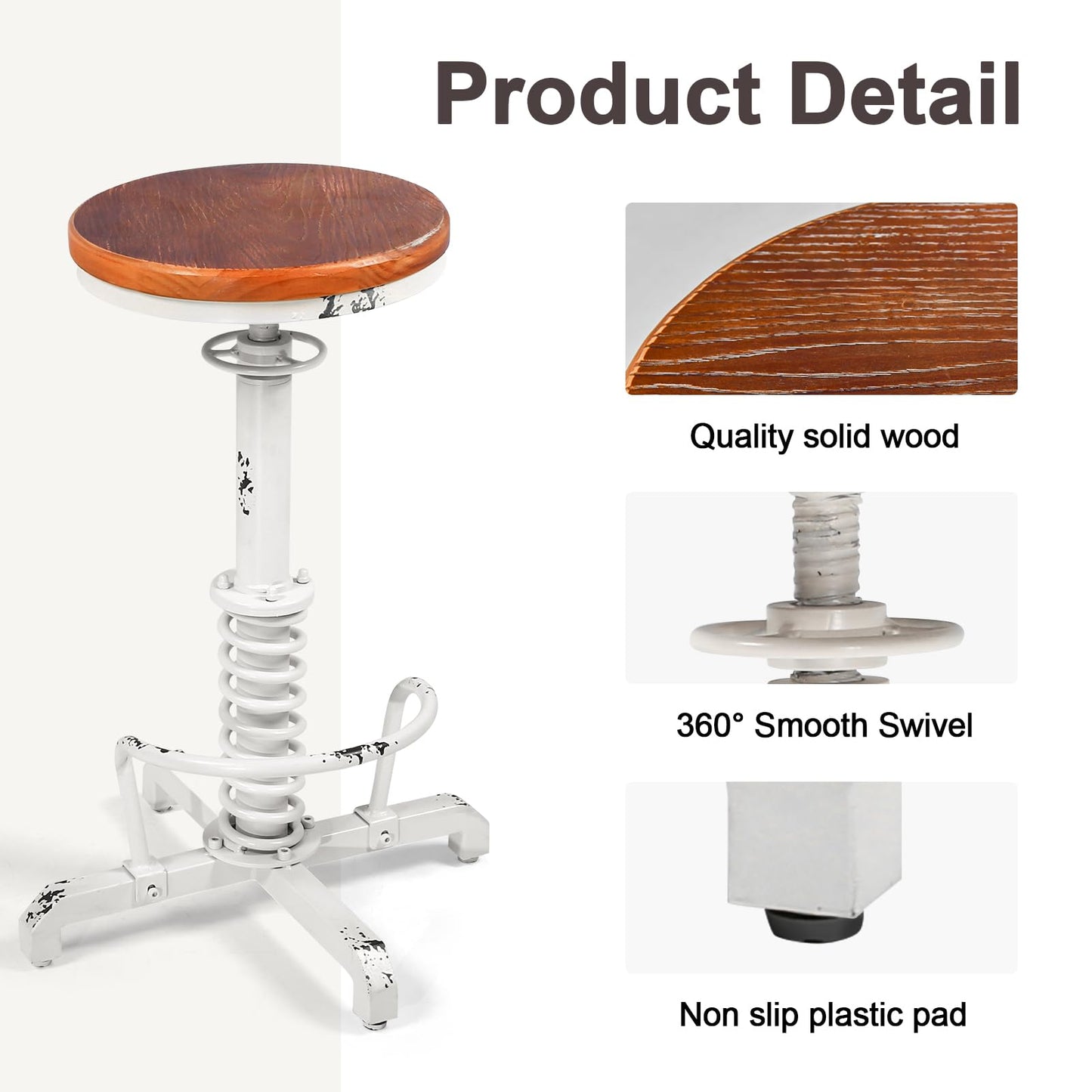 BOKKOLIK Vintage Industrial Bar Stool 24-28 Inch Height Adjustable Home Kitchen Gaming Chair Guitar Stool with Wooden Swivel Seat