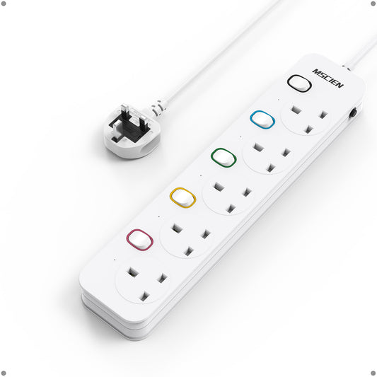 Mscien Extension Lead 3M 5 Way with Individual Switches, 3M Extension Lead Wall Mounted with Multiple Protection, Fused Power Strip, 56MM No Blocking