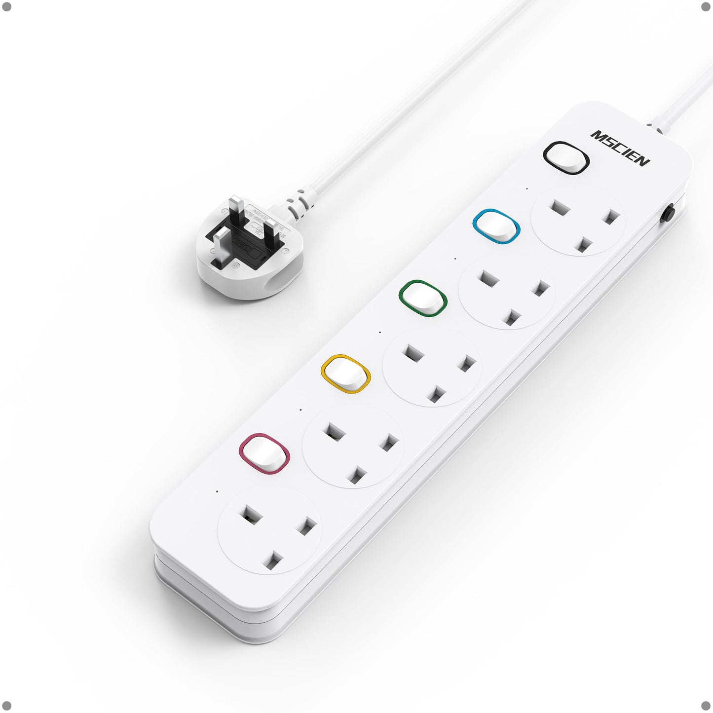Mscien Long Extension lead 5M 5 Way, 5M Extension Lead Wall Mounted with Multiple Protection, Fused Power Strip with Individual Switches, Multiple