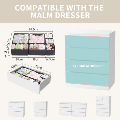 ORLISA Drawer Organiser for MALM Drawers, 14 Pack Grey Clothes Drawer Organisers, Foldable Fabric Dividers for Underwear Socks Bras