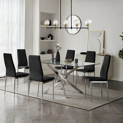 Home Detail Sierra Set of 6 Dining Chairs, Black Faux Leather, Silver Legs