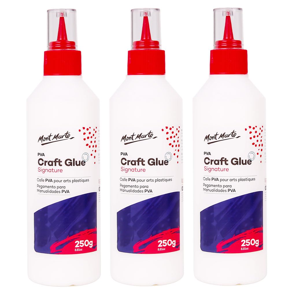 Mont Marte PVA Craft Glue Fine Tip 250gm - 3 Pack, Great for a Wide Variety of Craft Projects and Dries Quickly to a Clear Finish.