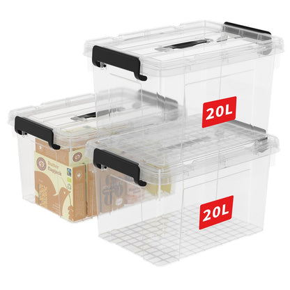 Cetomo 20L*3 Storage Boxes, Carry Plastic Storage Box with Lids, Clear Organizing Container with Handle and Secure Latches