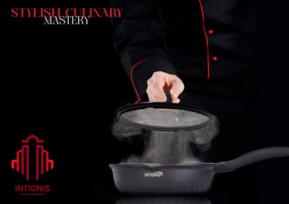 INTIGNIS Premium 28 cm Deep Frying Pan with Lid | Anti-Scratch | Induction Compatible | Non-Stick Interior | Heat Resistant Handle | Perfect for
