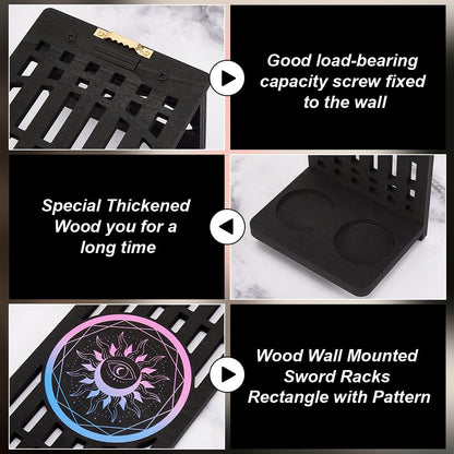 UNICRAFTALE Lightsaber Walls Mount Rack Wood Wall Mounted Sword Racks Black Rectangle Sun Pattern Vertical Lightsabers for Most Lightsaber Displays
