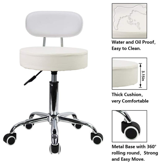 KKTONER PU Leather Rolling Stool with Mid Back Height Adjustable Office Computer Home Drafting Swivel Task Chair with Wheels (White)