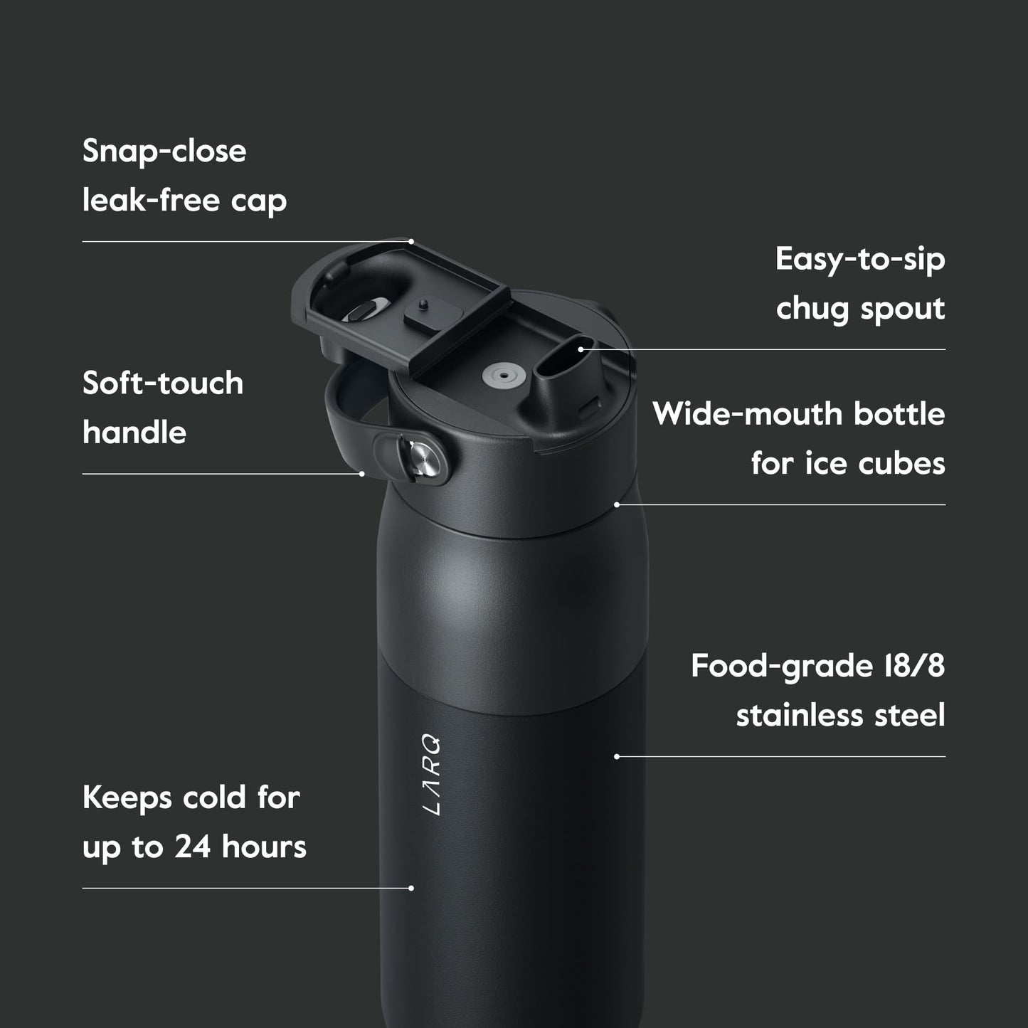 LARQ Bottle Swig Top 34oz - Insulated Stainless Steel Water Bottle with Built-in Silicone Handle | Thermos, BPA Free | Reusable Water Bottle for
