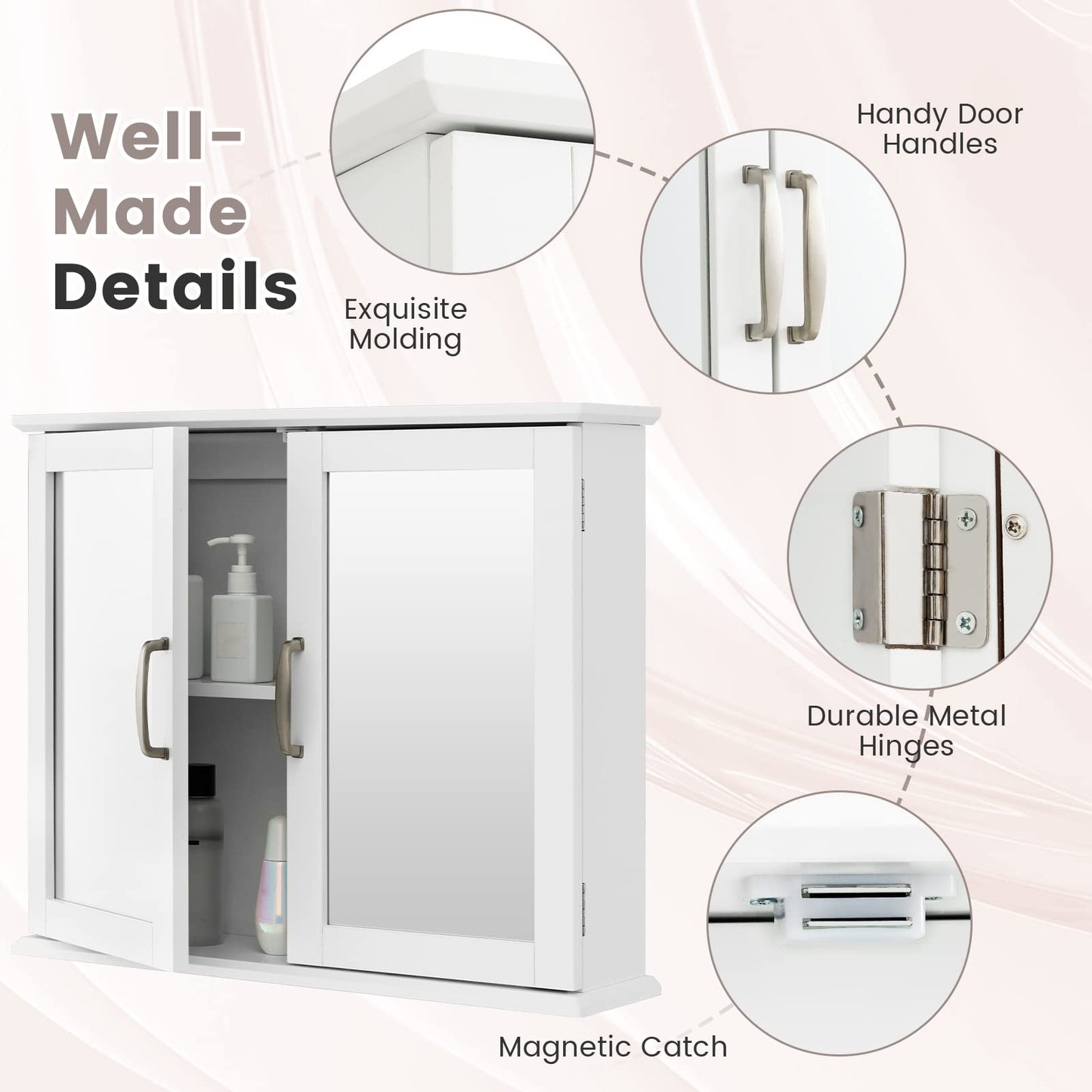 RELAX4LIFE Bathroom Wall Cabinet, Double Door Mirrored Storage Cupboard with Inner Shelf