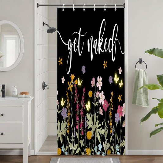Pink Floral Stall Shower Curtain, Uiiooazy Green Leaves Butterfly Vintage Get Naked Bath Curtain Mildew and Mould Resistant Waterproof Washable Opaque