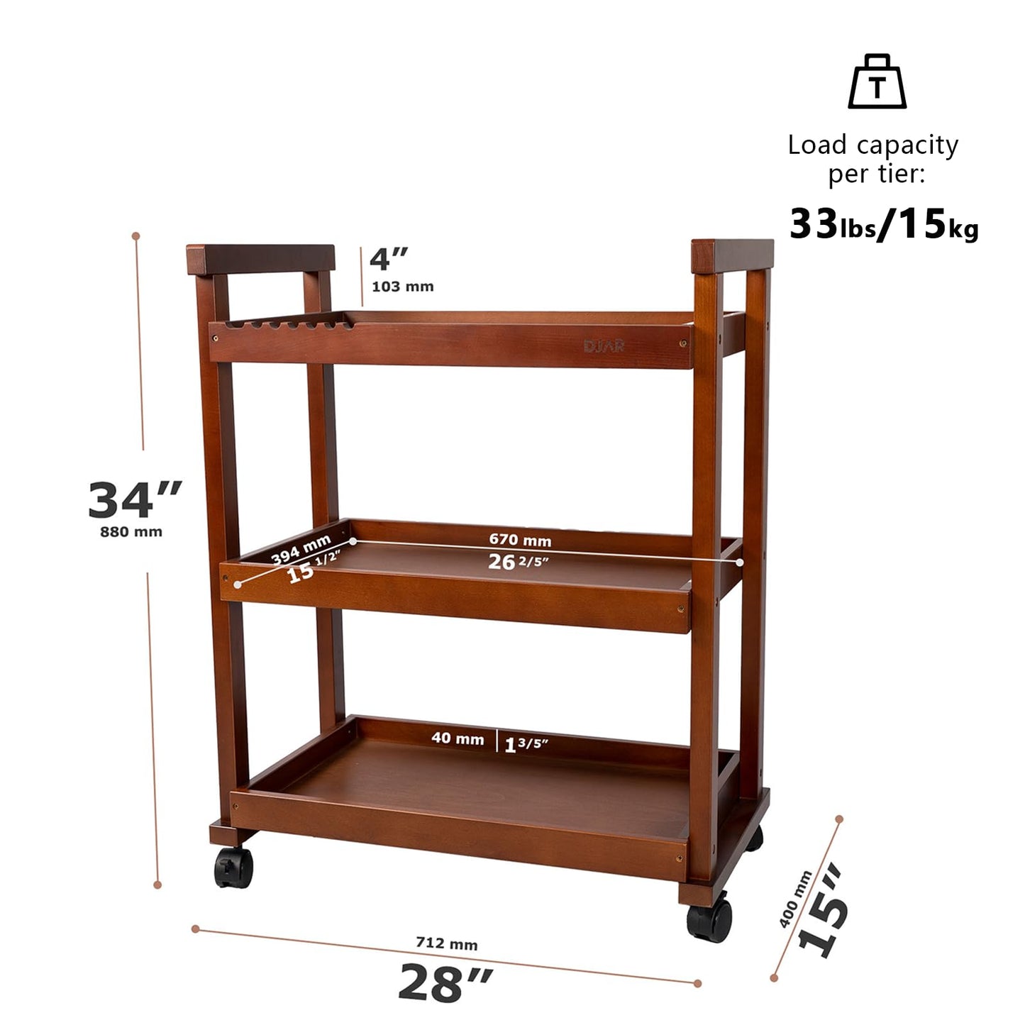 DJAR Rolling Art Cart with Silicone Pad, Solid Beech Wood Utility Cart with Caster Wheels, for Adults, Artists (Walnut, Basic)