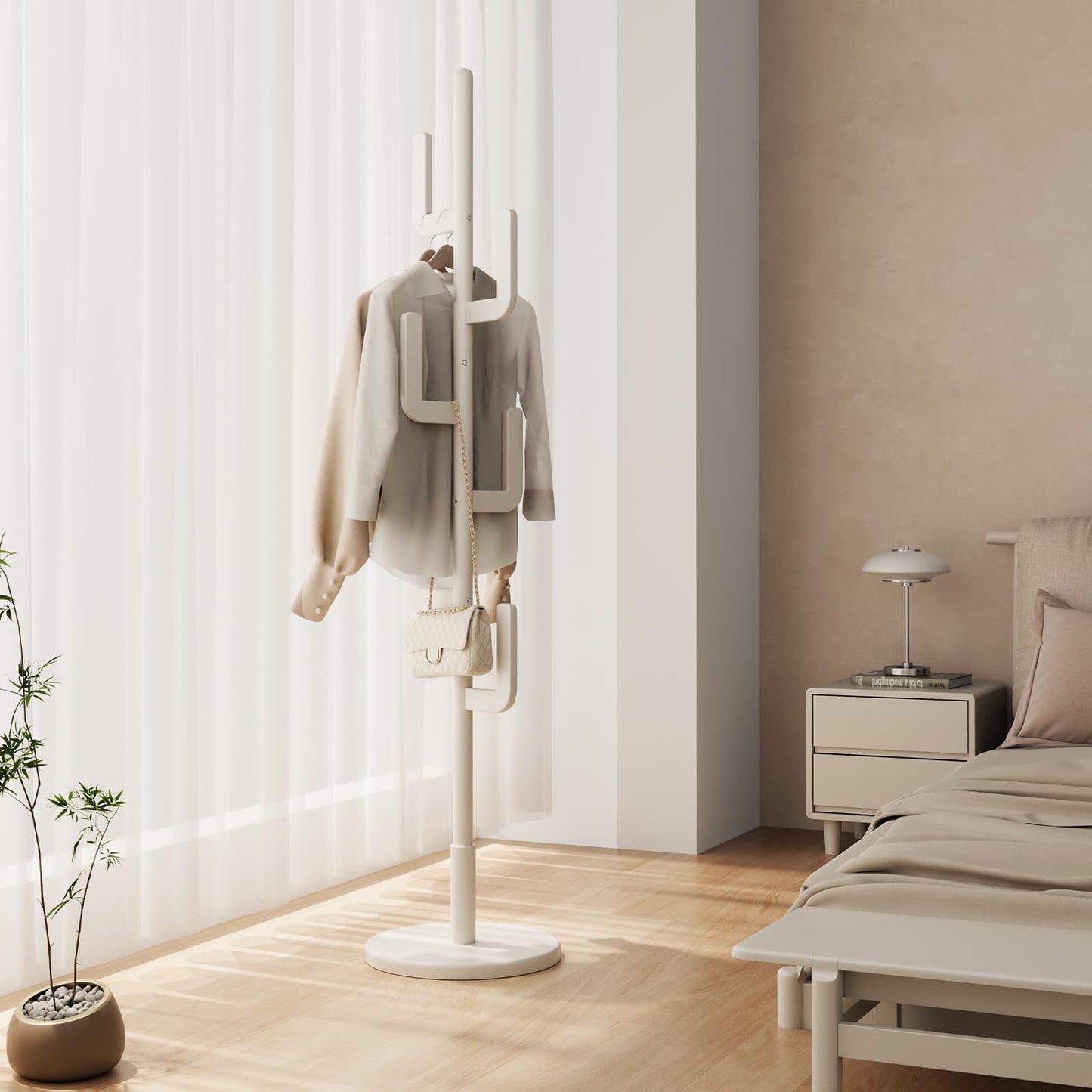 AQIMUELE Coat Stand, Woodem Coat Rack Stand - Cactus Design with 6 Hooks, Sturdy and Easy Assembly for Hallway Entryway, Hat Stand for Clothes (White)