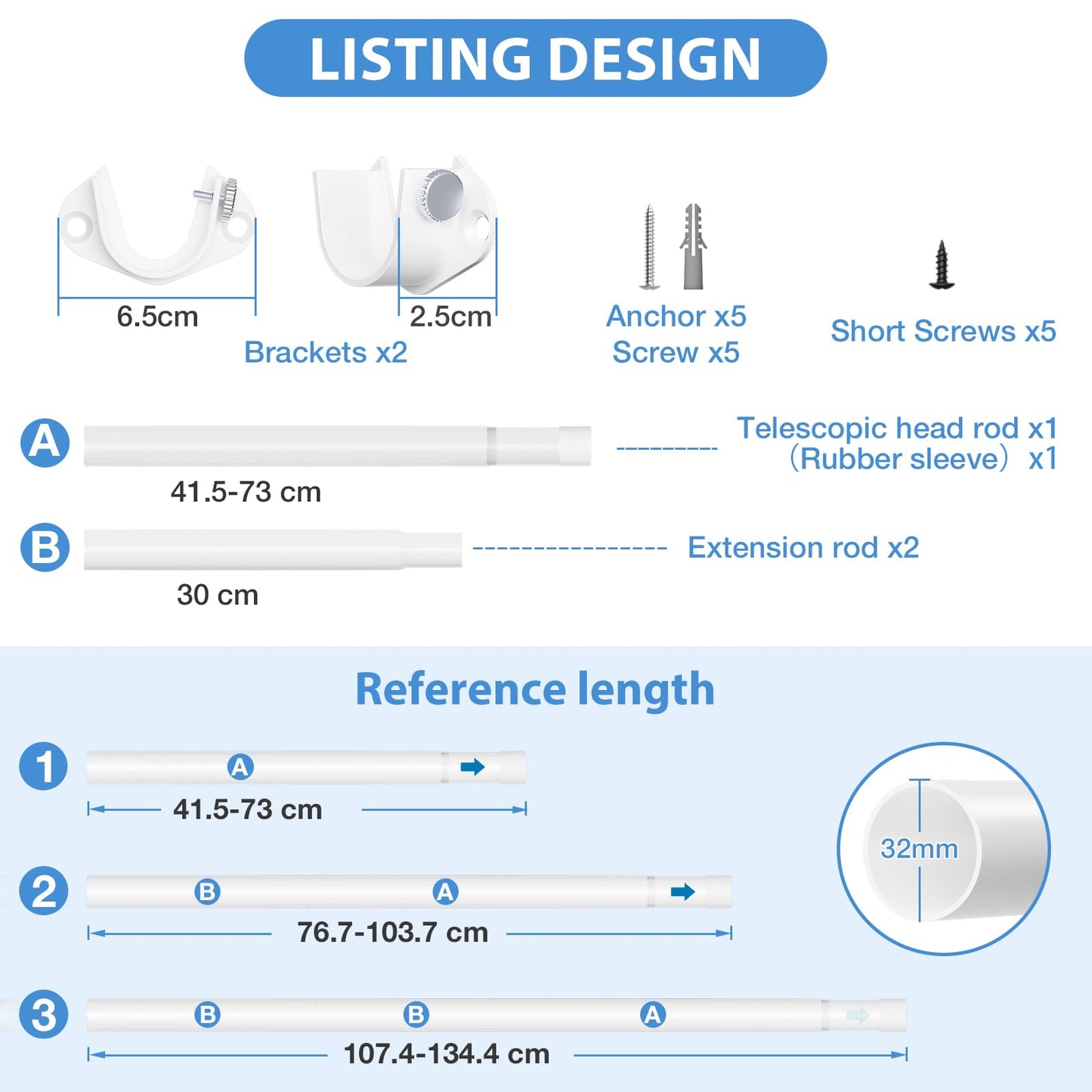 Wardrobe Rail 42-134cm Extendable Clothes Rail White Wardrobe Pole Stainless Steel Adjustable Clothes Rail Heavy Duty Hanging Rails For