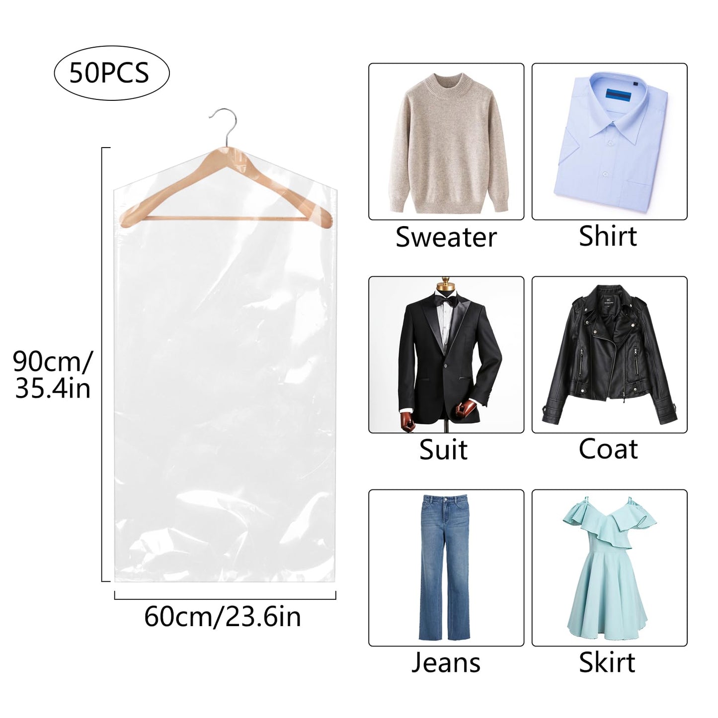 50 Pack Plastic Clothes Covers Protector Bags 23.6× 35.4 inches Clear Garment Bags Dry Cleaning Bags
