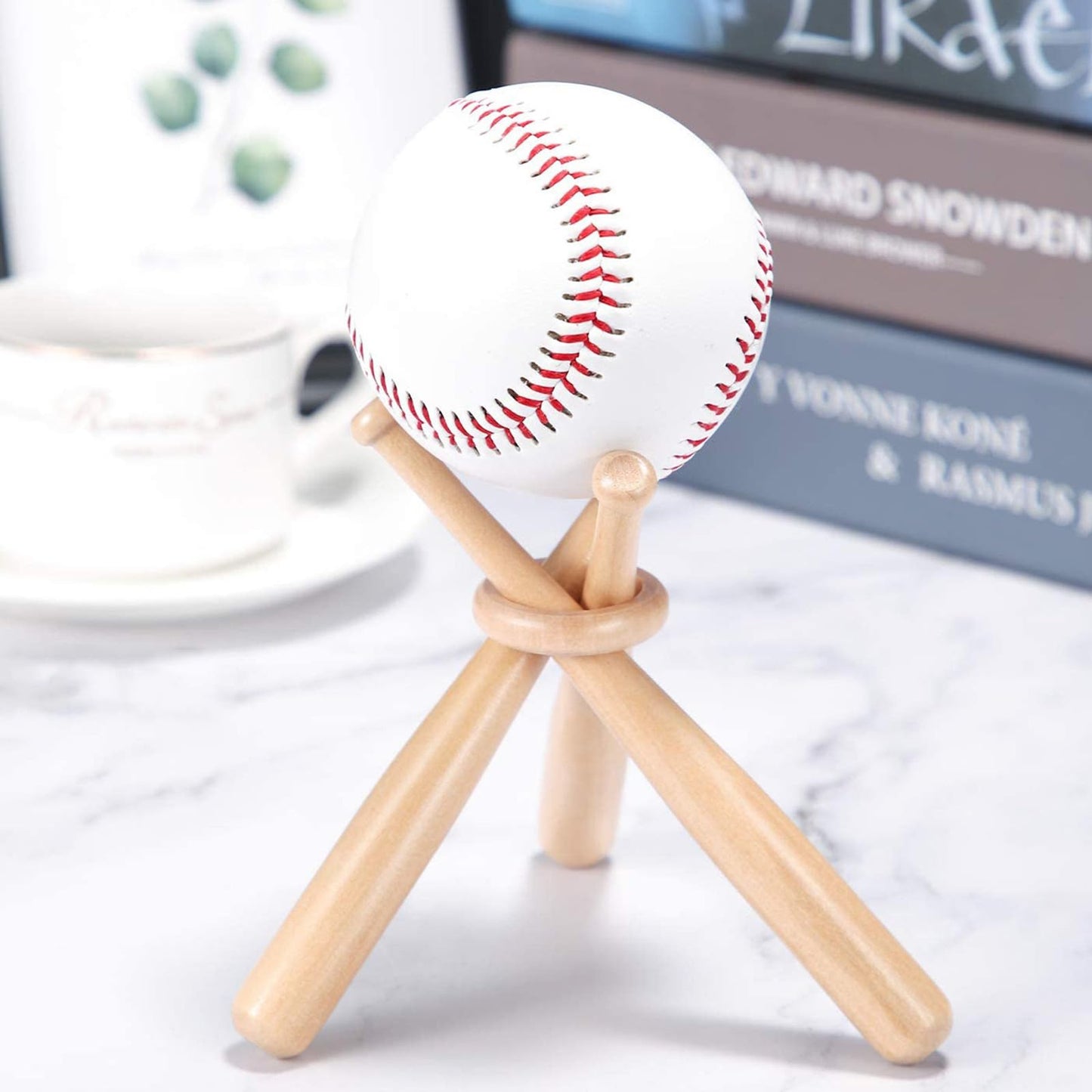 DCYQAIN Wooden Baseball Display Stand, Creative 3-Bat Design Ball Holder for Autographed Baseball Golf Ball