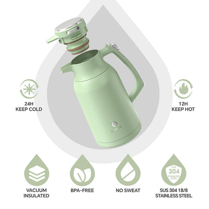 IDEUS Vacuum Insulated Coffee Carafe, 68 oz (2 Liters) Stainless Steel Milk Jug Thermal Tea Pot Hot & Cold Water Beverage Dispenser (Avocado Green)