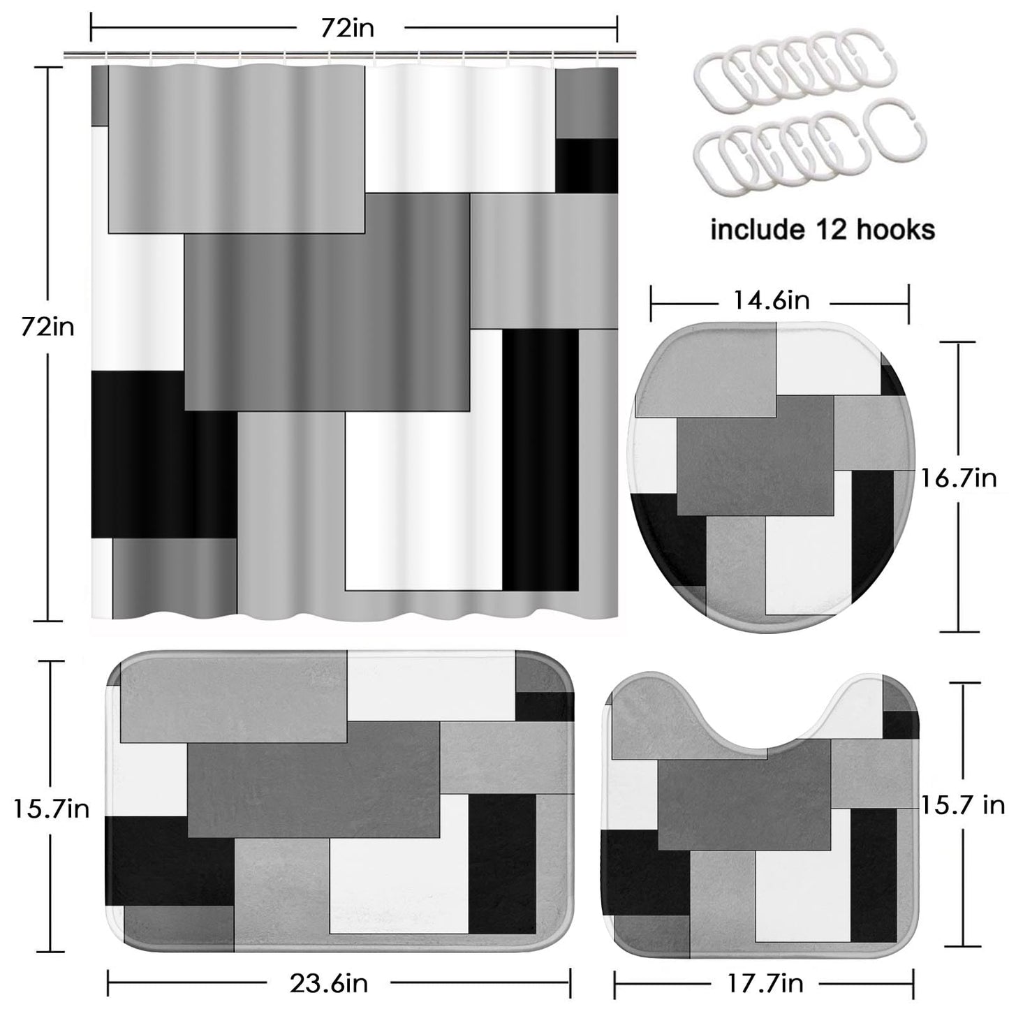 Tayney Grey Geometric Shower Curtain Set with Toilet Lid Cover and Non-Slip Rugs for Bathroom, Black White Checkered 4 Pcs Shower Curtain